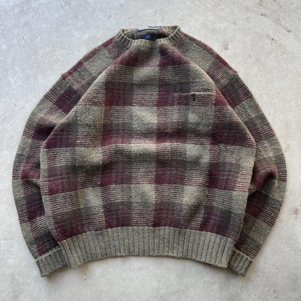 Vintage Polo Ralph Lauren Wool Sweater Pocket Plaid Knit Mens Size L Coastal